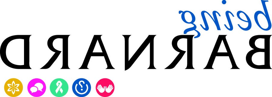 Being Barnard logo in blue and black text with a red circle showing two hands palms out, a blue circle with a question mark, a teal circle with an awareness ribbon, a magenta circle with two speech bubbles, and a yellow circle with a stylized flower below it.