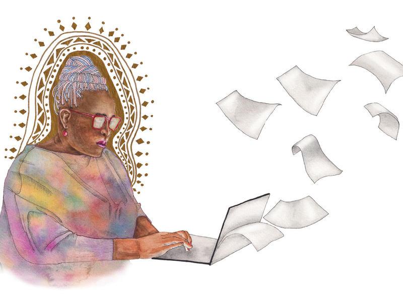 插图为Achiro P. 奥沃奇带着光环坐在笔记本电脑前，看着一张张纸从电脑里飞出来，代表着飞行中的想法